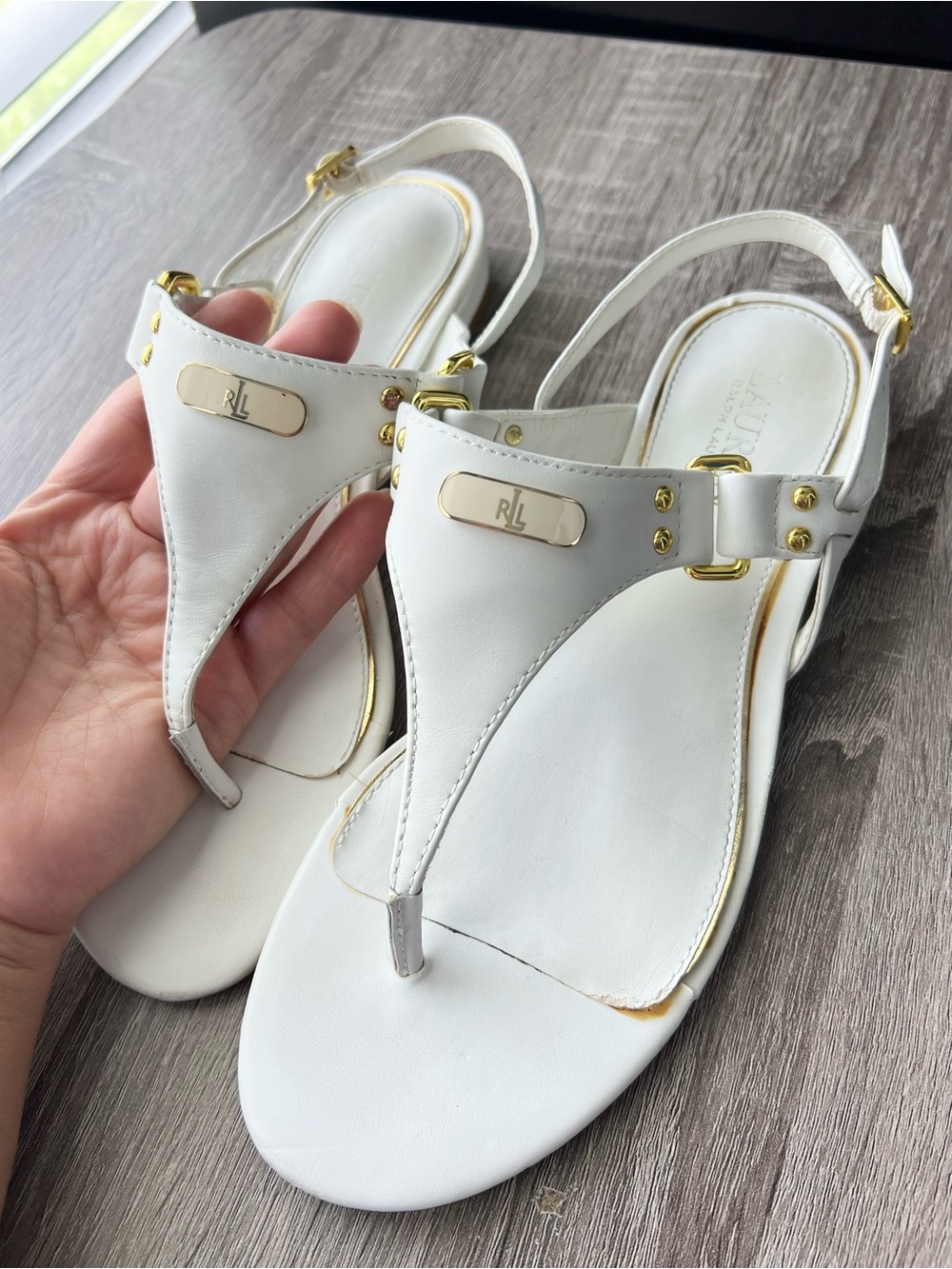 Ralph Lauren White Leather Gold-Accent T-Strap Sandals